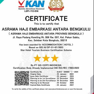 KAN Terbitkan Sertifikat, Asrama Haji Embarkasi Antara Bengkulu Standar Hotel Bintang 3