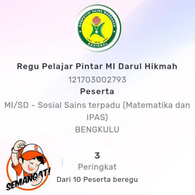 Siswa MI Darul Hikmah Juara 3 KSM Tingkat Provinsi.